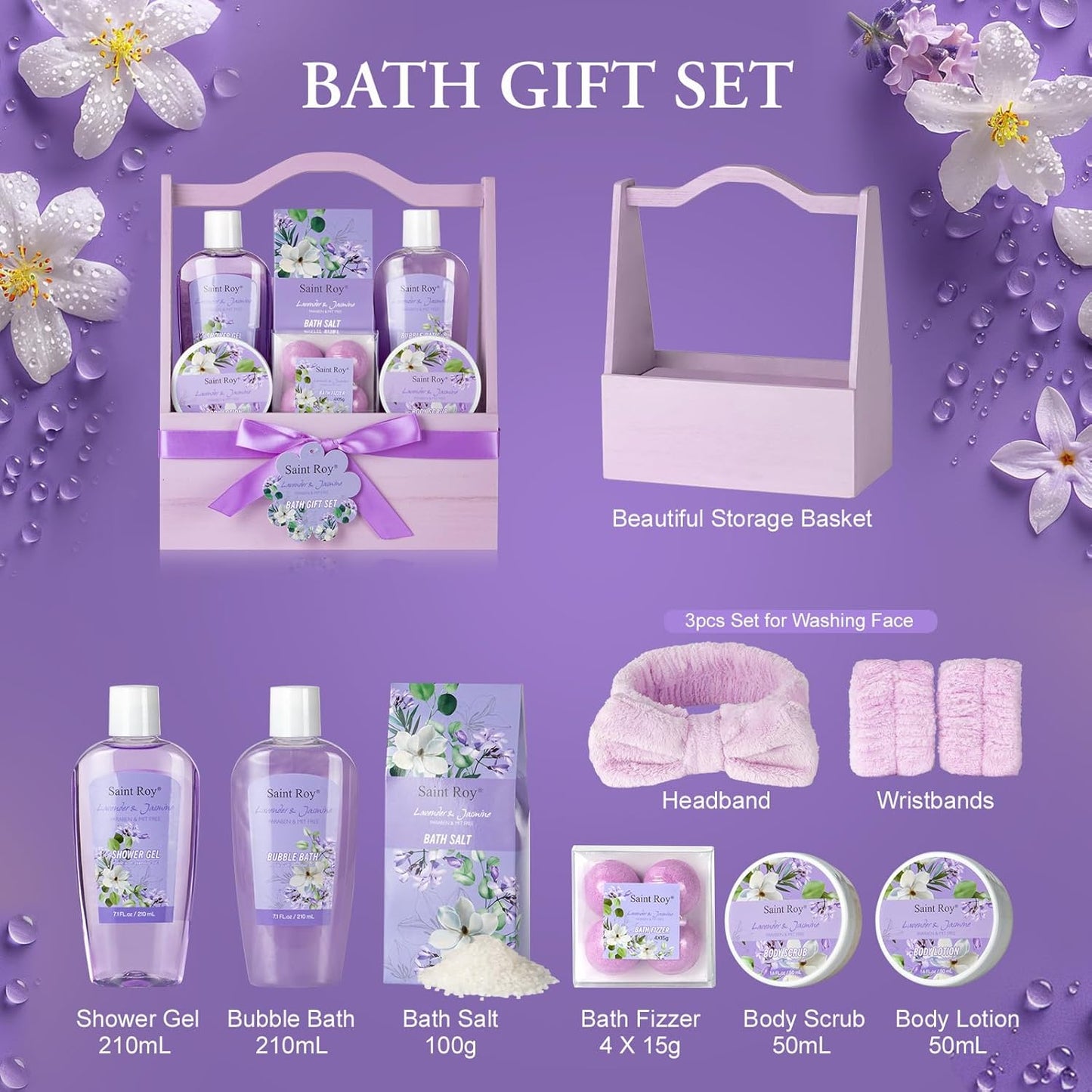 13Pcs Bath and Body Gift Basket Set, Christmas Gifts for Women, Lavender Jasmine Spa Gift Basket for Mother Gift, Bath Gift Set for Mom, Spa Gift Basket, Spa Gift Baskets, Birthday Gifts for Girls