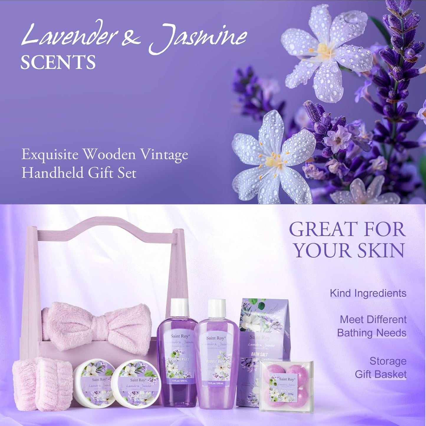 13Pcs Bath and Body Gift Basket Set, Christmas Gifts for Women, Lavender Jasmine Spa Gift Basket for Mother Gift, Bath Gift Set for Mom, Spa Gift Basket, Spa Gift Baskets, Birthday Gifts for Girls
